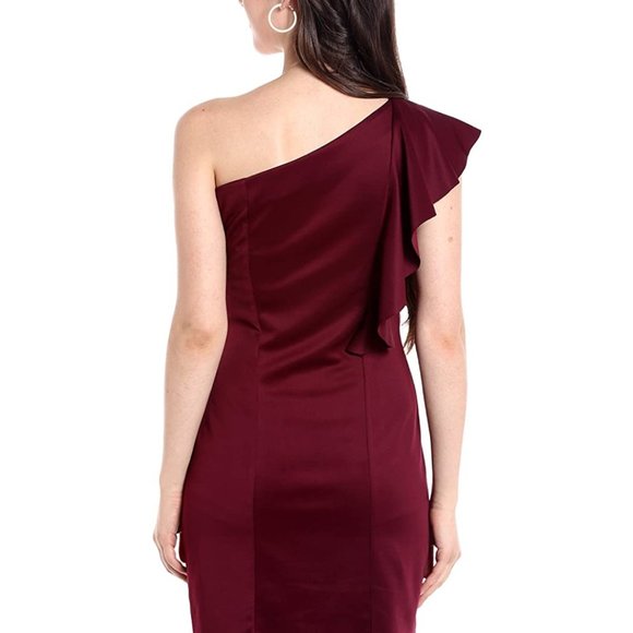 NWT Wine Maroon One Shoulder Ruffle Cocktail Dress - Picture 3 of 3